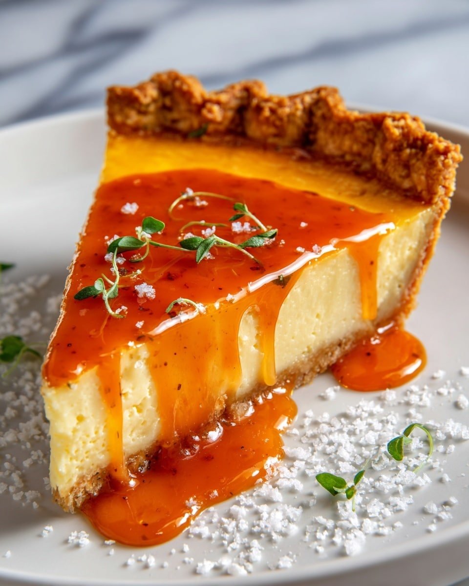 A single slice of golden yellow custard pie with a textured, creamy filling on the bottom layer and a light, thin, slightly browned crust at the base and a thick, crimped crust edge at the top, topped with a shiny amber syrup slowly dripping down the side, small white sugar crystals sprinkled on top, and small green herb sprigs placed over the syrup and around the slice, all presented on a white plate with a white marbled texture surface around it. photo taken with an iphone --ar 4:5 --v 7 — Salted Whiskey Honey Pie, whiskey honey pie recipe, honey pie with whiskey, salted dessert pie, easy whiskey honey tart