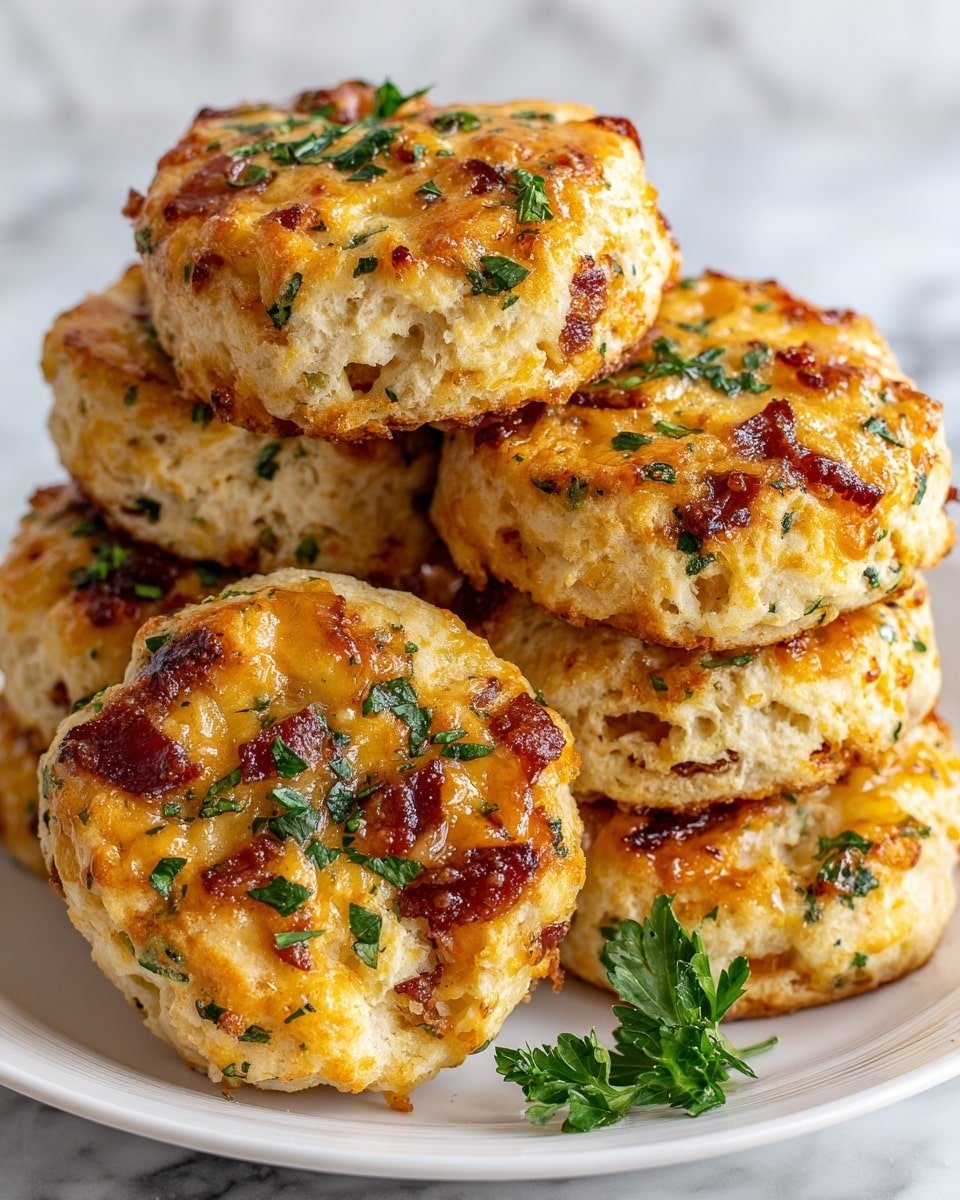 The image shows a stack of three savory biscuits on a white marbled surface. Each biscuit has a dense texture with visible chunks of red bacon pieces and green herbs mixed inside. The biscuits are golden brown on top with a slightly crispy crust, sprinkled with finely chopped herbs and a small amount of melted cheese on the upper surface, giving it a shiny, appetizing look. Additional biscuits are blurred in the background, and some loose herbs are scattered around the stack. Photo taken with an iphone --ar 4:5 --v 7 — Breakfast Protein Biscuits with Ham, Cheese, Chives, and Spinach or Italian Sausage, Sun-Dried Tomatoes, and Feta, hearty breakfast biscuits, protein-packed morning snacks, versatile breakfast recipes, savory brunch ideas, easy breakfast biscuits