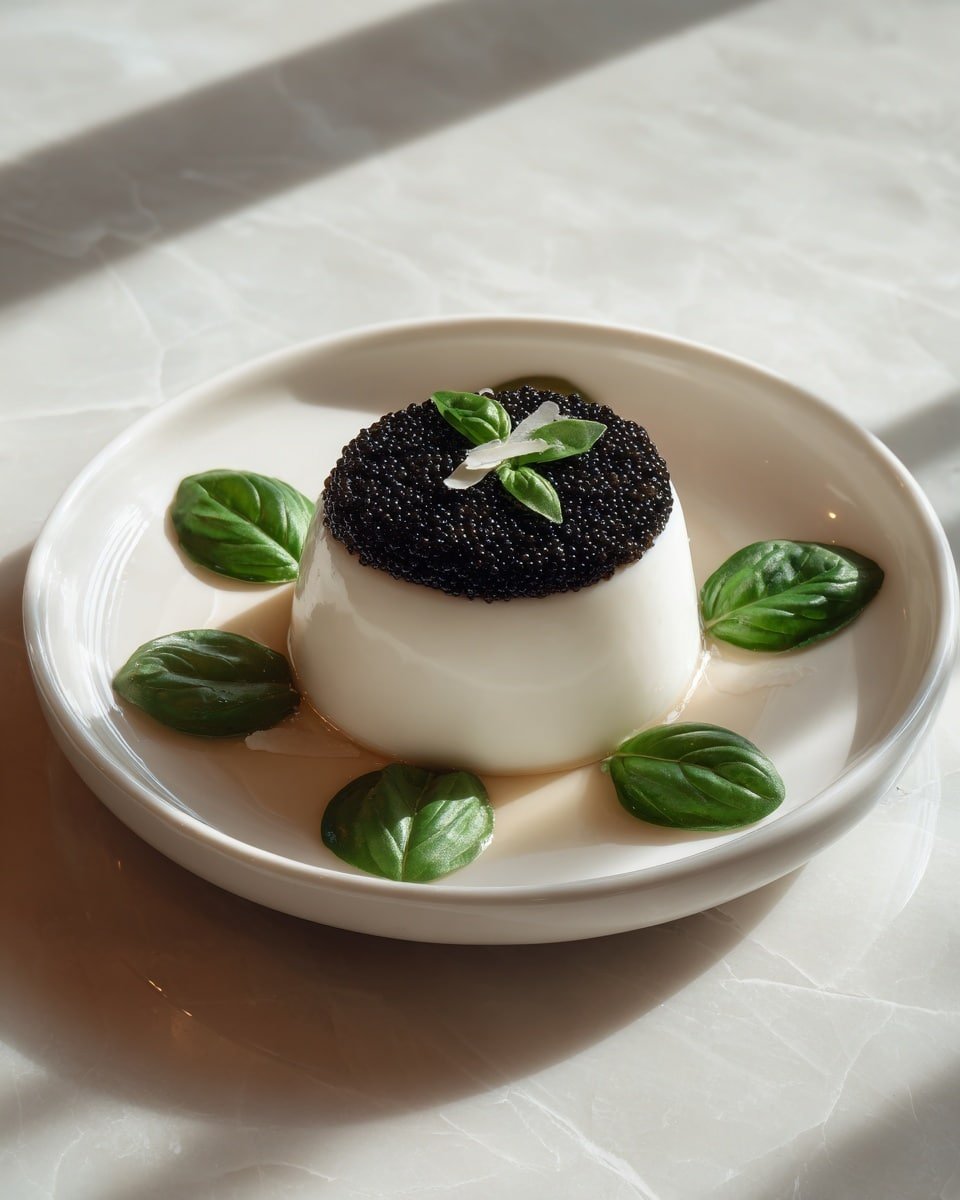 Parmesan Panna Cotta with Balsamic Caviar Pearls Recipe - Recipe Image — Parmesan Panna Cotta with Balsamic Caviar Pearls, savory panna cotta recipes, elegant dessert ideas, balsamic pearl appetizers, sophisticated dessert with balsamic