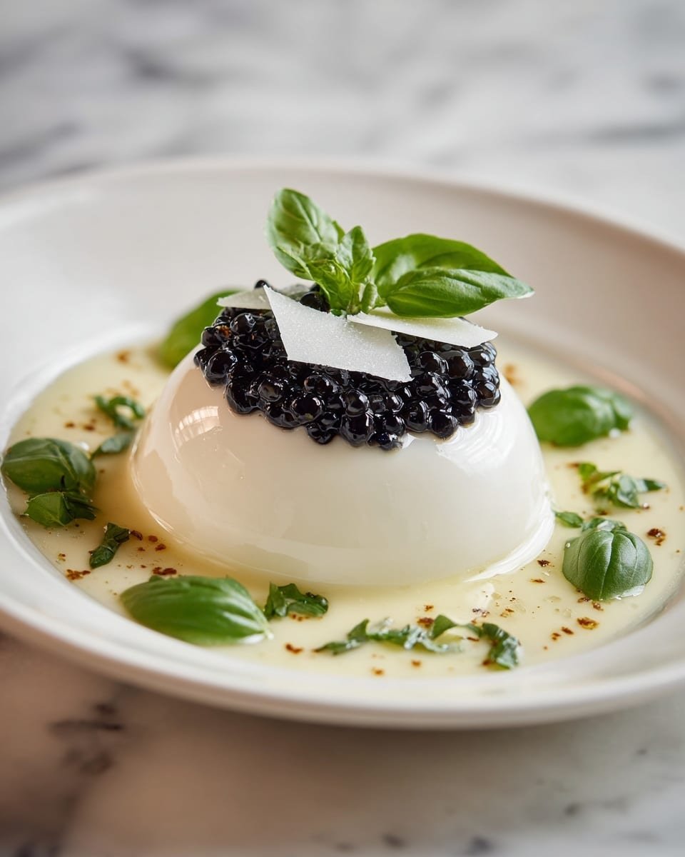 Parmesan Panna Cotta with Balsamic Caviar Pearls Recipe - Recipe Image — Parmesan Panna Cotta with Balsamic Caviar Pearls, savory panna cotta recipes, elegant dessert ideas, balsamic pearl appetizers, sophisticated dessert with balsamic