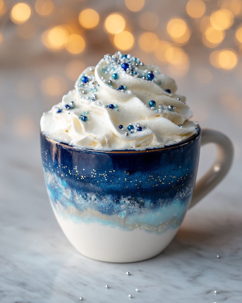 Frostbite Blue Christmas Cocoa Recipe - Recipe Image — Frostbite Blue Christmas Cocoa, festive hot chocolate, colorful holiday cocoa, peppermint white hot chocolate, winter drink recipes