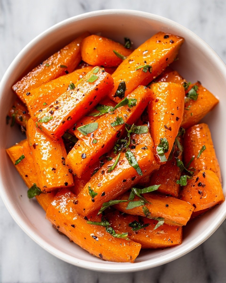 The image shows a bowl filled with thick, bright orange carrot sticks that have a shiny, glazed look. The carrots are cut into rectangular pieces and have small black pepper specks on their surfaces. Fresh green herbs are sprinkled over the carrots, adding a touch of color contrast. The bowl holding the carrots is white and placed on a white marbled surface. The overall look is warm, fresh, and inviting, with the carrots taking most of the focus in the frame photo taken with an iphone --ar 4:5 --v 7 — Brown Sugar Glazed Carrots, glazed carrots recipe, sweet carrot side dish, easy carrot glaze, holiday carrot side dish