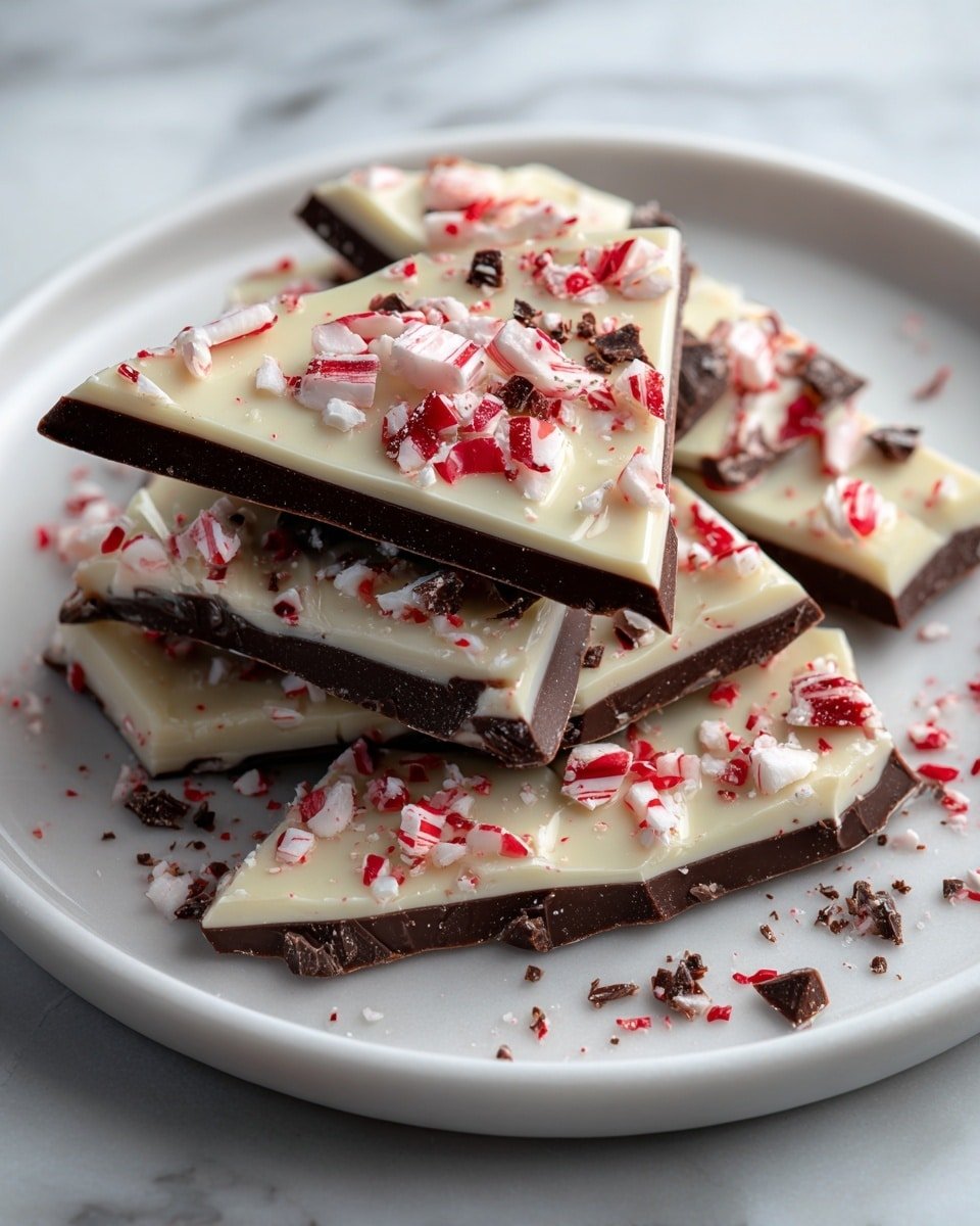 The dish shows multiple triangular pieces of peppermint bark arranged on a white plate. Each piece has two clear layers: a smooth, dark brown chocolate base with a slightly rough texture and a thick, creamy white chocolate layer on top. The white top layer is decorated with small chunks and crushed bits of red and white peppermint candy, adding a festive splash of color and texture. Some small crumbs and candy pieces are scattered on the plate around the bark. The plate rests on a white marbled surface, and the lighting highlights the glossy chocolate and crunchy candy pieces. photo taken with an iphone --ar 4:5 --v 7 — Peppermint Bark Chocolate, peppermint bark holiday treats, easy peppermint bark recipe, festive peppermint bark, homemade peppermint bark