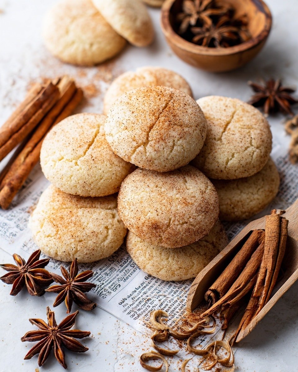 A pile of round, soft cookies with a cracked surface covered in a light dusting of cinnamon sugar are stacked on a wooden board, with a few cookies resting on folded newspaper pieces around the board. The cookies are golden-brown with a slightly darker cinnamon coating in some areas, showing their soft texture. In the background, there is a cup filled with cinnamon sticks and some blurred brown cookies, all set on a white marbled surface. photo taken with an iphone --ar 4:5 --v 7 — Snickerdoodle Cookies with Cinnamon Sugar Topping, cinnamon sugar cookie recipe, homemade Snickerdoodles, soft chewy cinnamon cookies, classic Snickerdoodle dessert