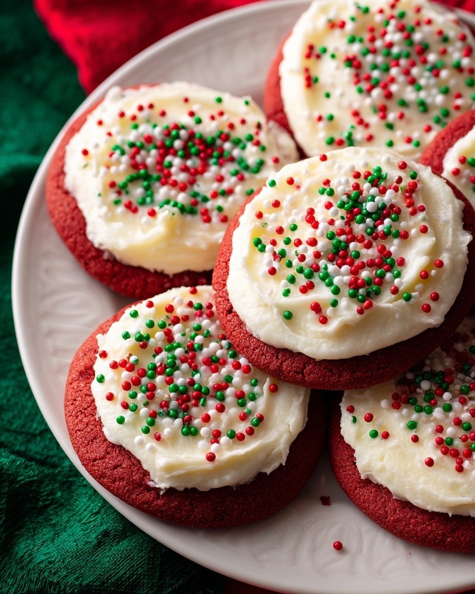 The image shows a stack of round, red cookies with a thick layer of white frosting spread on top of each one, slightly textured and not perfectly smooth. On the white frosting, there are small, round sprinkles scattered in red, green, and white colors. The cookies are placed on a white plate with red stripes near the edge, which sits on a white marbled surface. The red of the cookies is vivid and contrasts sharply with the white frosting and plate, making the colors pop. Photo taken with an iphone --ar 4:5 --v 7 — Lofthouse Cookies, Soft Sugar Cookies, Colorful Frosting Cookies, Easy Holiday Cookies, Nostalgic Cookie Recipes