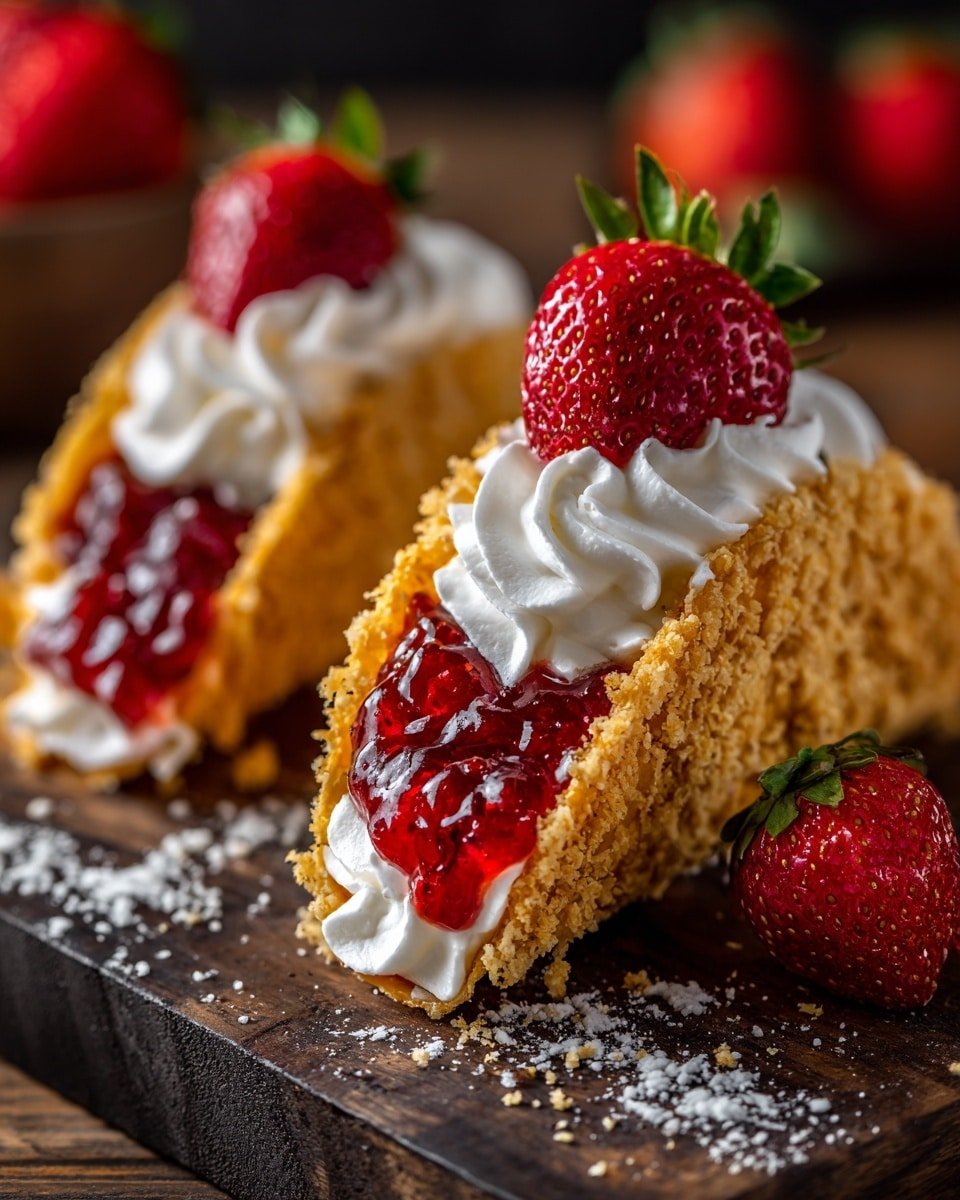 Strawberry Crunch Cheesecake Tacos Recipe - Recipe Image — Strawberry Crunch Cheesecake Tacos, cheesecake dessert, fruity handheld treats, summer dessert recipes, easy fruit tacos