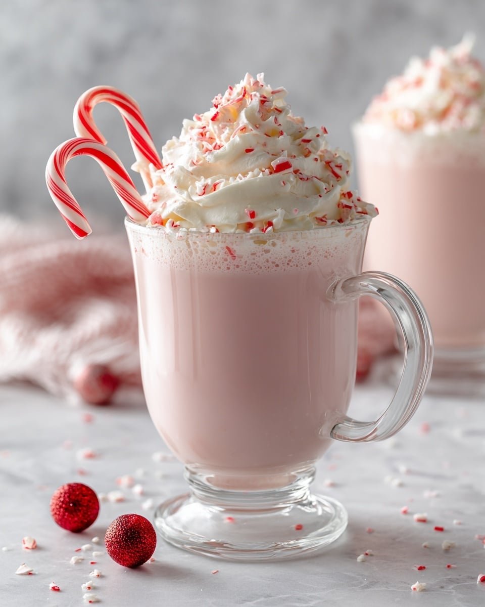 Candy Cane Milkshakes Recipe - Recipe Image — Candy Cane Milkshakes, festive peppermint milkshake, Christmas dessert drinks, holiday milkshake recipes, easy peppermint milkshake