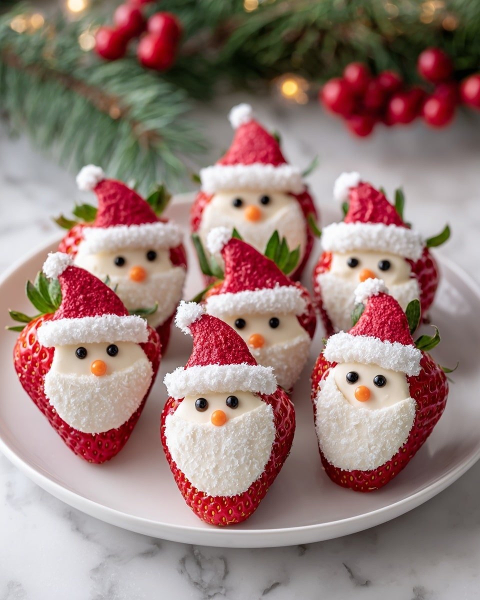 Strawberry Santas Recipe - Recipe Image — Strawberry Santas, festive strawberry snacks, no-bake holiday treats, cute holiday fruit ideas, easy holiday party recipes