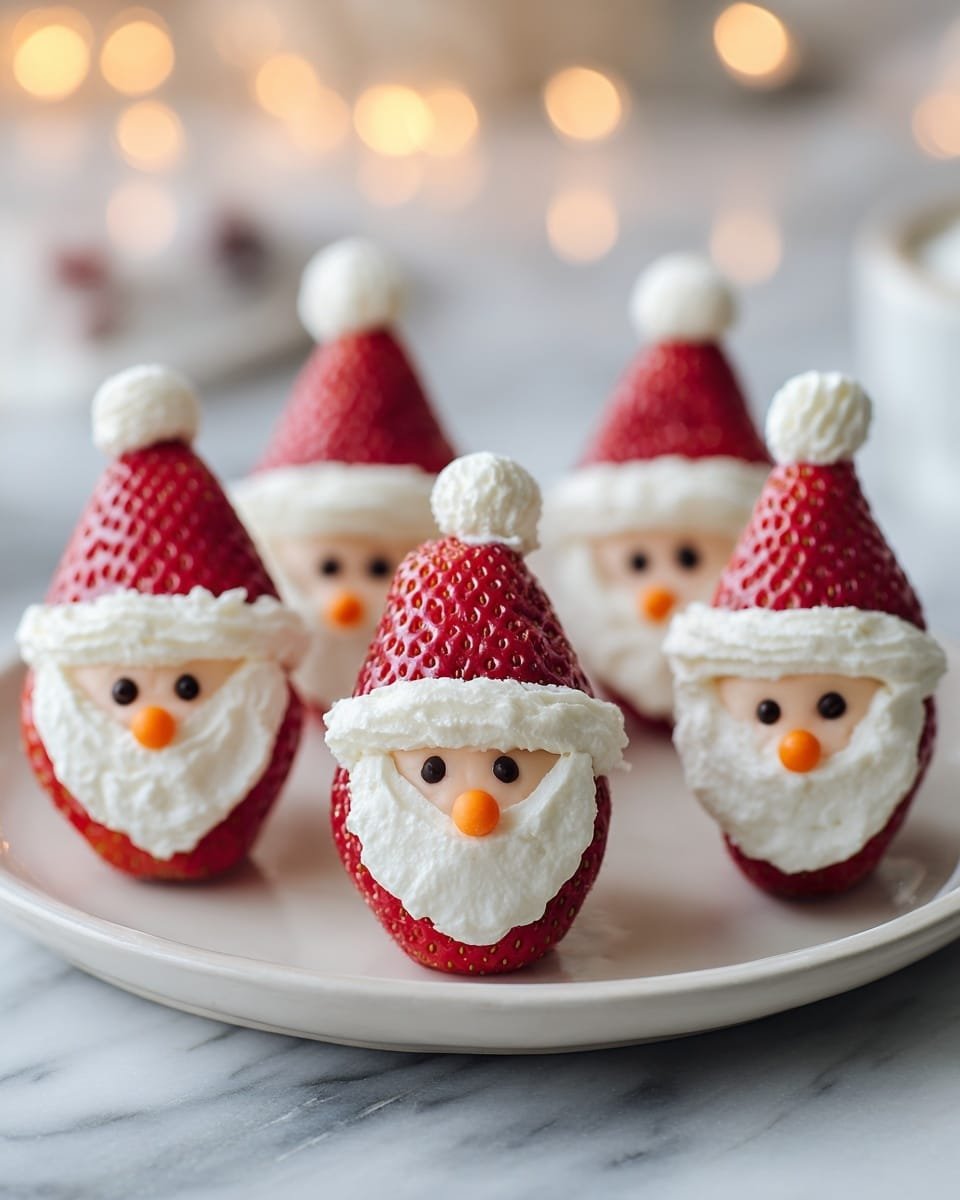 Strawberry Santas Recipe - Recipe Image — Strawberry Santas, festive strawberry snacks, no-bake holiday treats, cute holiday fruit ideas, easy holiday party recipes