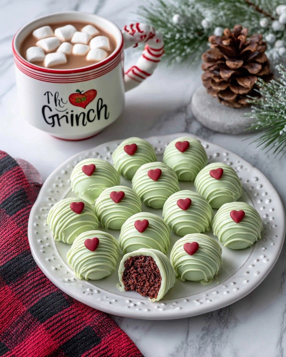 Grinch Red Velvet Oreo Balls Recipe - Recipe Image — Grinch Red Velvet Oreo Balls, festive holiday treats, Christmas dessert ideas, green coating Oreo balls, easy holiday sweet recipes