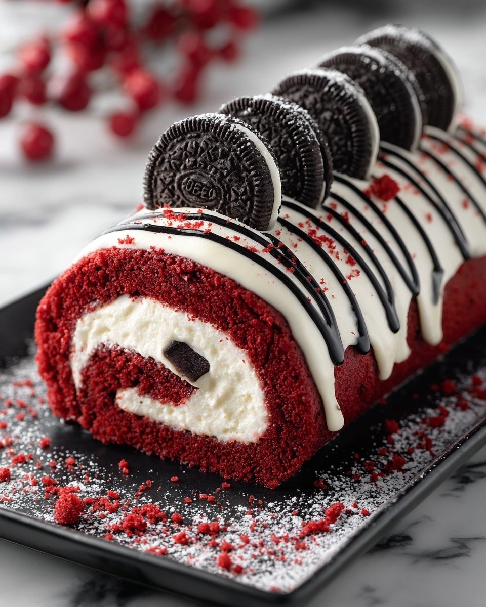 Red Velvet Cake Roll with Cream Cheese Filling Recipe - Recipe Image — Red Velvet Cake Roll with Cream Cheese Filling, festive Red Velvet cake, homemade cake roll recipes, easy Christmas dessert, elegant cream cheese-filled cake