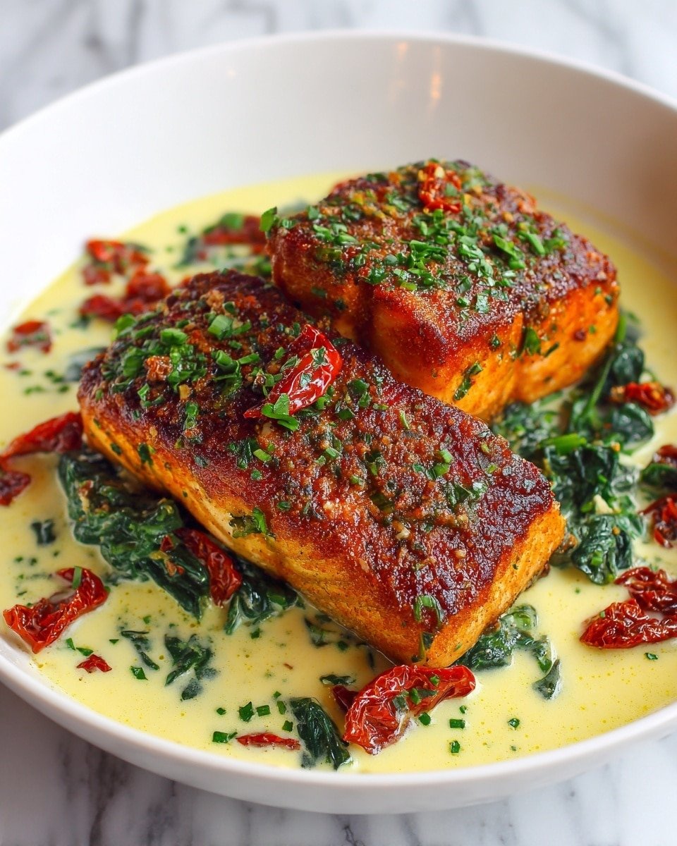 Creamy Tuscan Salmon Recipe - Recipe Image — Creamy Tuscan Salmon, Creamy Tuscan Salmon recipe, Tuscan salmon dish, easy salmon dinner, 30-minute salmon meal