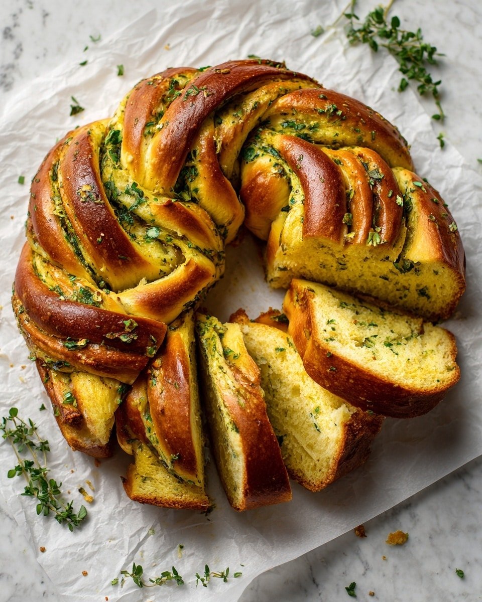 Pull Apart Garlic Bread Wreath Recipe - Recipe Image — Pull Apart Garlic Bread Wreath, garlic bread appetizer, cheesy garlic pull apart bread, festive bread wreath, easy garlic bread recipe