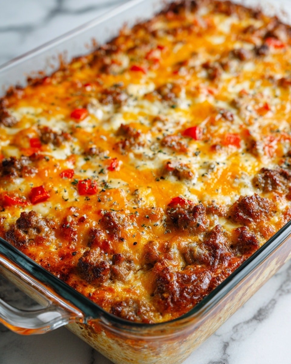 A close-up view of a baked casserole in a clear glass rectangular dish with two handles, sitting on a stove with a white marbled countertop around it. The casserole has two main layers: the bottom layer is a mix of browned sausage pieces and small diced red peppers, showing a slightly crispy texture. The top layer is melted bright orange cheese, sprinkled with coarse ground black pepper and small bits of herbs, forming a bubbly and slightly browned crust. The sides of the dish reveal the layers pressed together, with browned edges of the sausage and cheese visible. Photo taken with an iphone --ar 4:5 --v 7 — Easy Sausage and Egg Casserole, breakfast casserole recipes, hearty brunch ideas, easy breakfast bake, savory egg casserole