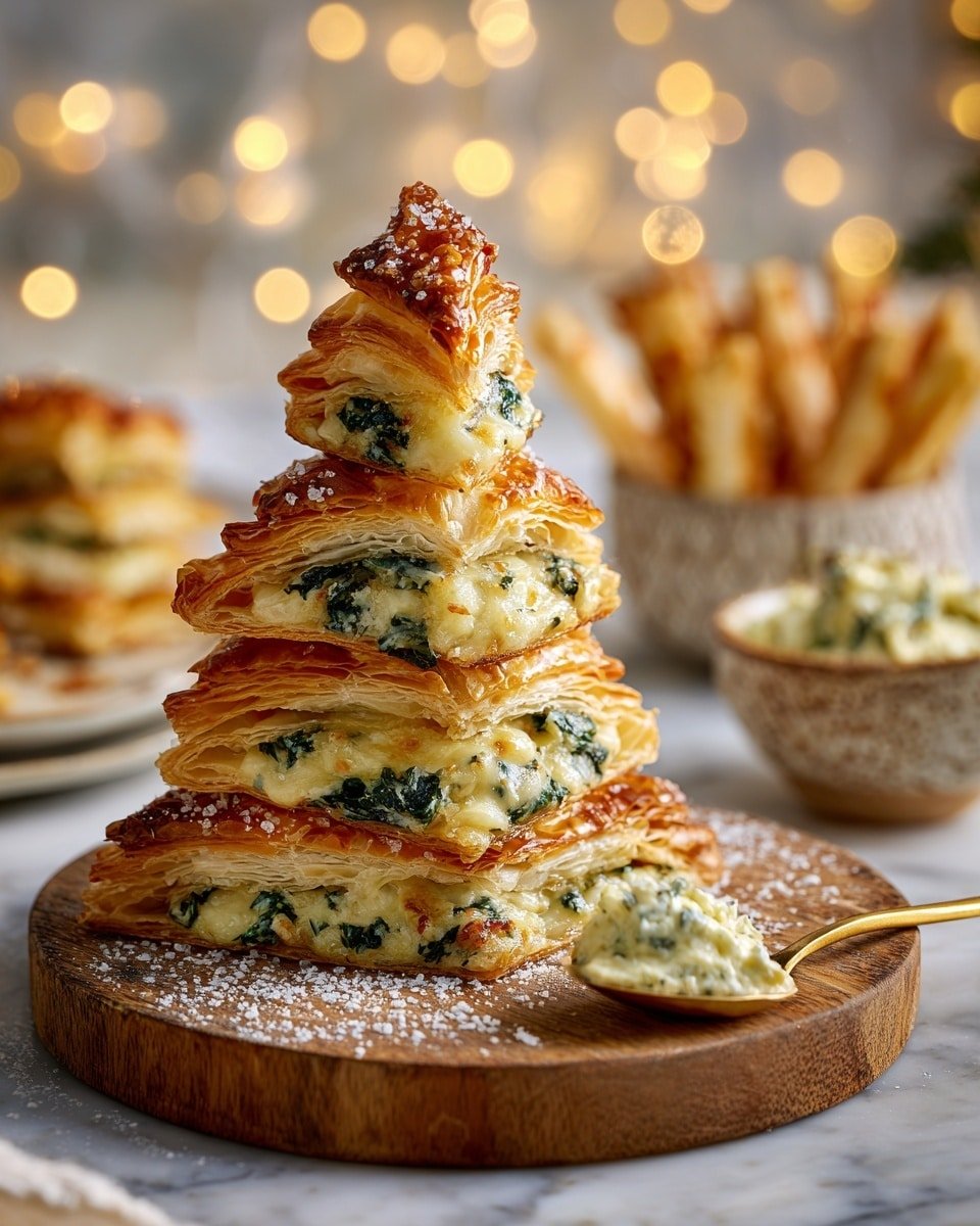 A festive pastry shaped like a Christmas tree, made of six layers stacked from largest to smallest. Each layer has golden-brown puff pastry folded around a creamy filling with visible chunks of green spinach and melted cheese, slightly browned on top. The pastry edges are shiny and sprinkled with coarse salt. The tree sits on a round wooden board dusted lightly with powdered cheese. Next to it is a golden spoon holding extra creamy spinach and cheese filling, and in the background are blurred bowls of the same filling and extra pastry sticks. The setting has a white marbled surface with soft warm lights in the background, creating a cozy holiday feeling. photo taken with an iphone --ar 4:5 --v 7 — Christmas Tree Spinach Dip Breadsticks, festive appetizer recipes, holiday party finger foods, easy Christmas appetizers, cheesy breadstick charms