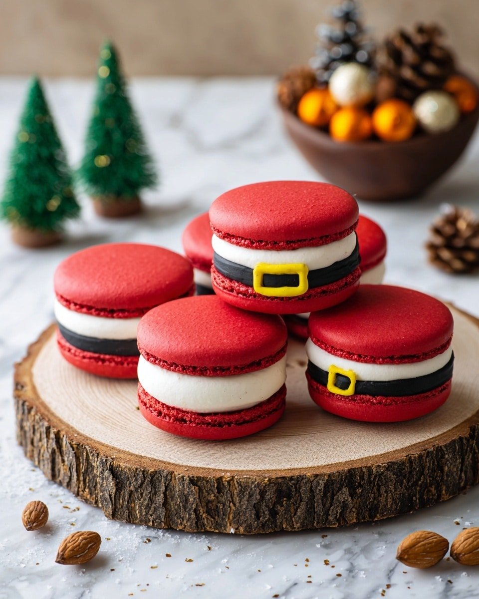 Santa Claus Macarons Recipe - Recipe Image — Santa Claus Macarons, Christmas macarons, holiday treats, festive macarons, Santa belt cookies