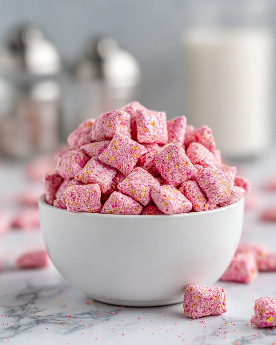 Delicious Strawberry Shortcake Puppy Chow for Sweet Snacking Recipe - Recipe Image — Delicious Strawberry Shortcake Puppy Chow, strawberry shortcake puppy chow snack, sweet puppy chow treat, strawberry cereal snack, colorful puppy chow recipe