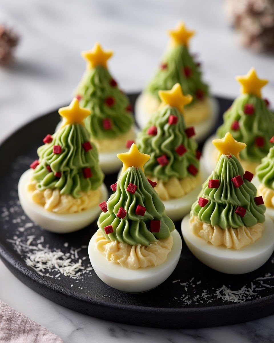 Christmas Tree Deviled Eggs Recipe - Recipe Image — Christmas Tree Deviled Eggs, festive deviled eggs, holiday appetizer ideas, avocado deviled eggs, Christmas party snacks