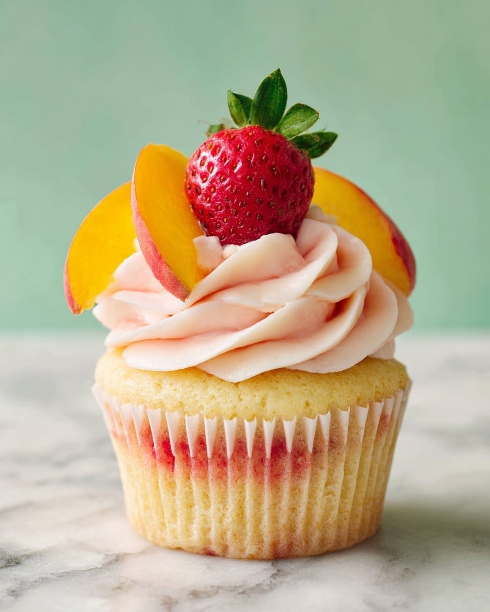 Mango Strawberry Sunset Cupcakes Recipe - Recipe Image — Mango Strawberry Sunset Cupcakes, tropical fruit cupcakes, colorful dessert recipes, easy summer cupcakes, fruity celebration treats