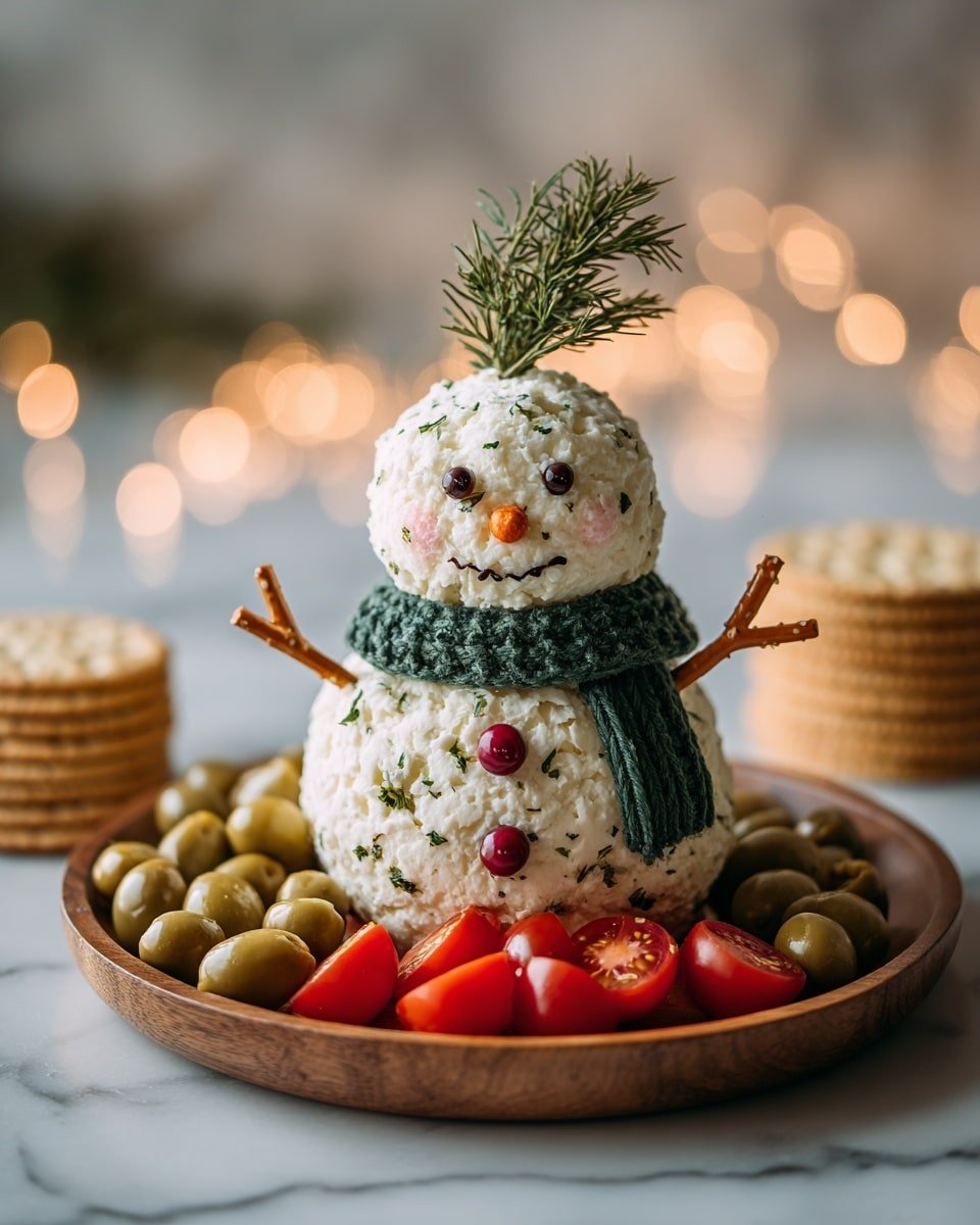 Holiday Snowman Cheese Ball Recipe - Recipe Image — Holiday Snowman Cheese Ball, Christmas cheese ball, festive appetizer, holiday cheese ball recipe, easy holiday party snacks