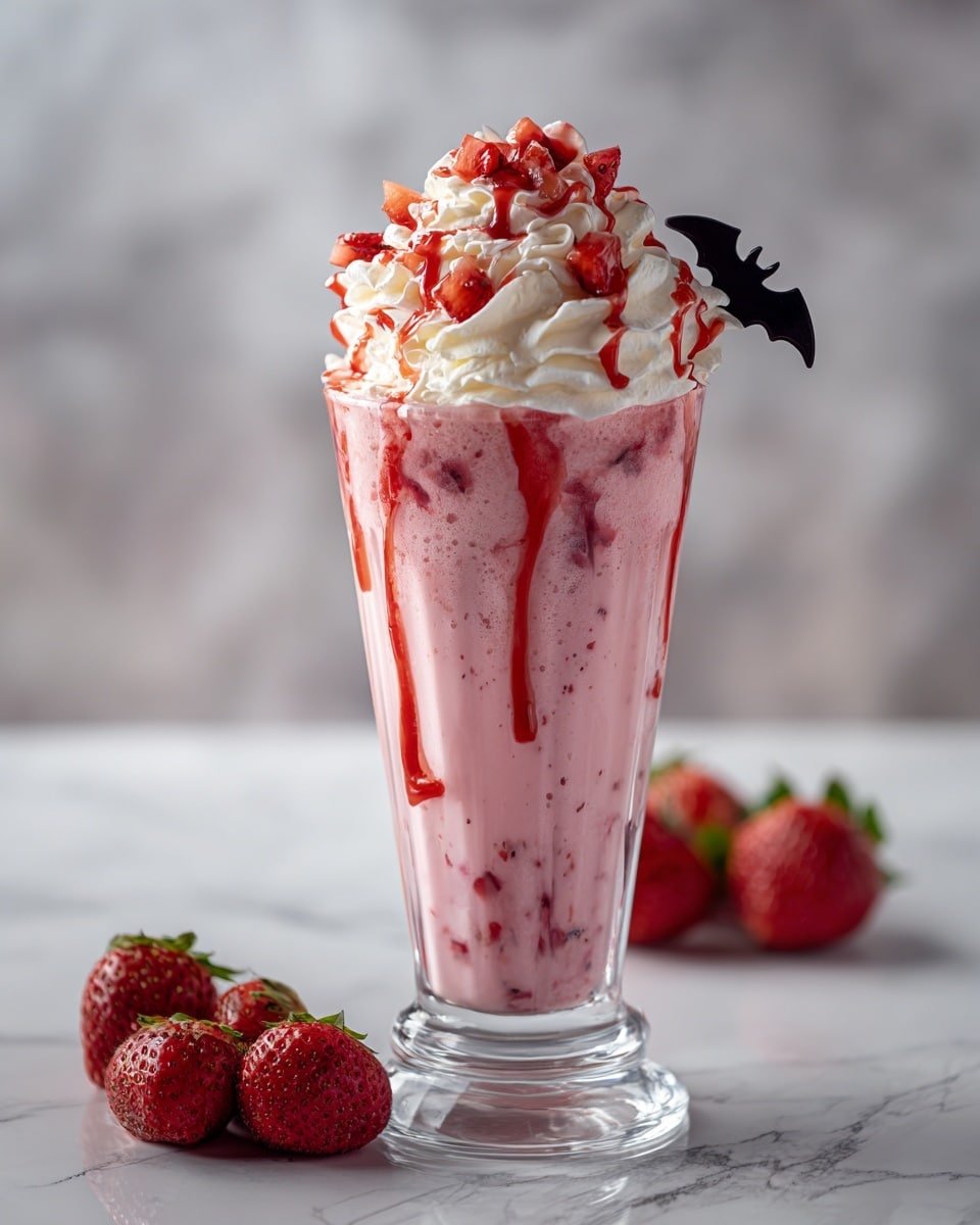 Bloody Berry Milkshake Recipe - Recipe Image — Bloody Berry Milkshake, fruity milkshake with berries and rum, strawberry milkshake recipe, refreshing berry milkshake, indulgent summer milkshake
