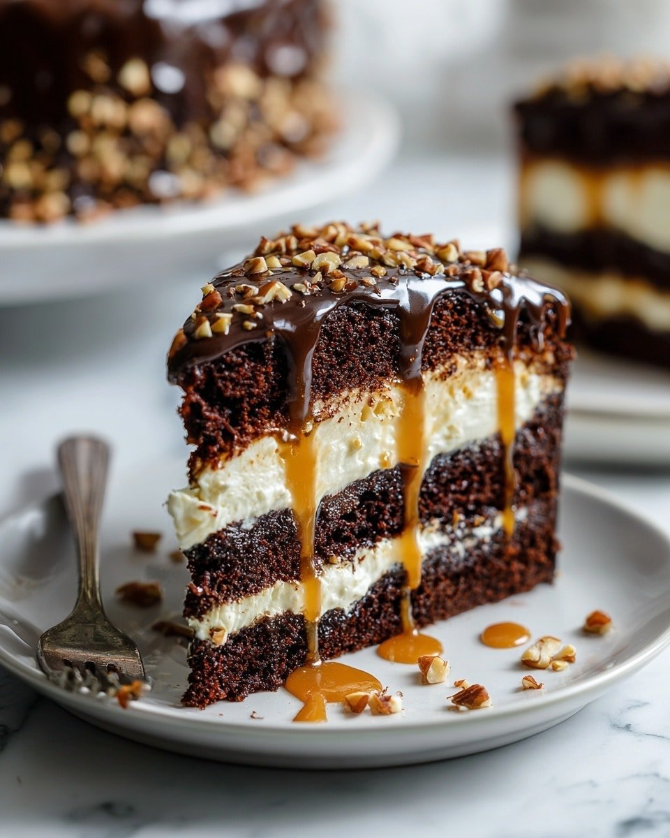 A slice of chocolate cake on a white plate sits on a white marbled surface, showing three layers: the bottom and top layers are dark, moist chocolate cake, the middle layer is smooth white cream with golden caramel dripping slightly down the sides. The top is covered with a shiny, dark chocolate glaze sprinkled with chopped light brown nuts, some scattered on the plate around the cake. In the background, part of the rest of the cake is visible on another white plate. Photo taken with an iphone --ar 4:5 --v 7 — Chocolate Snickers Cake, Snickers-inspired chocolate cake, decadent layered dessert, homemade Snickers cake, easy indulgent chocolate cake