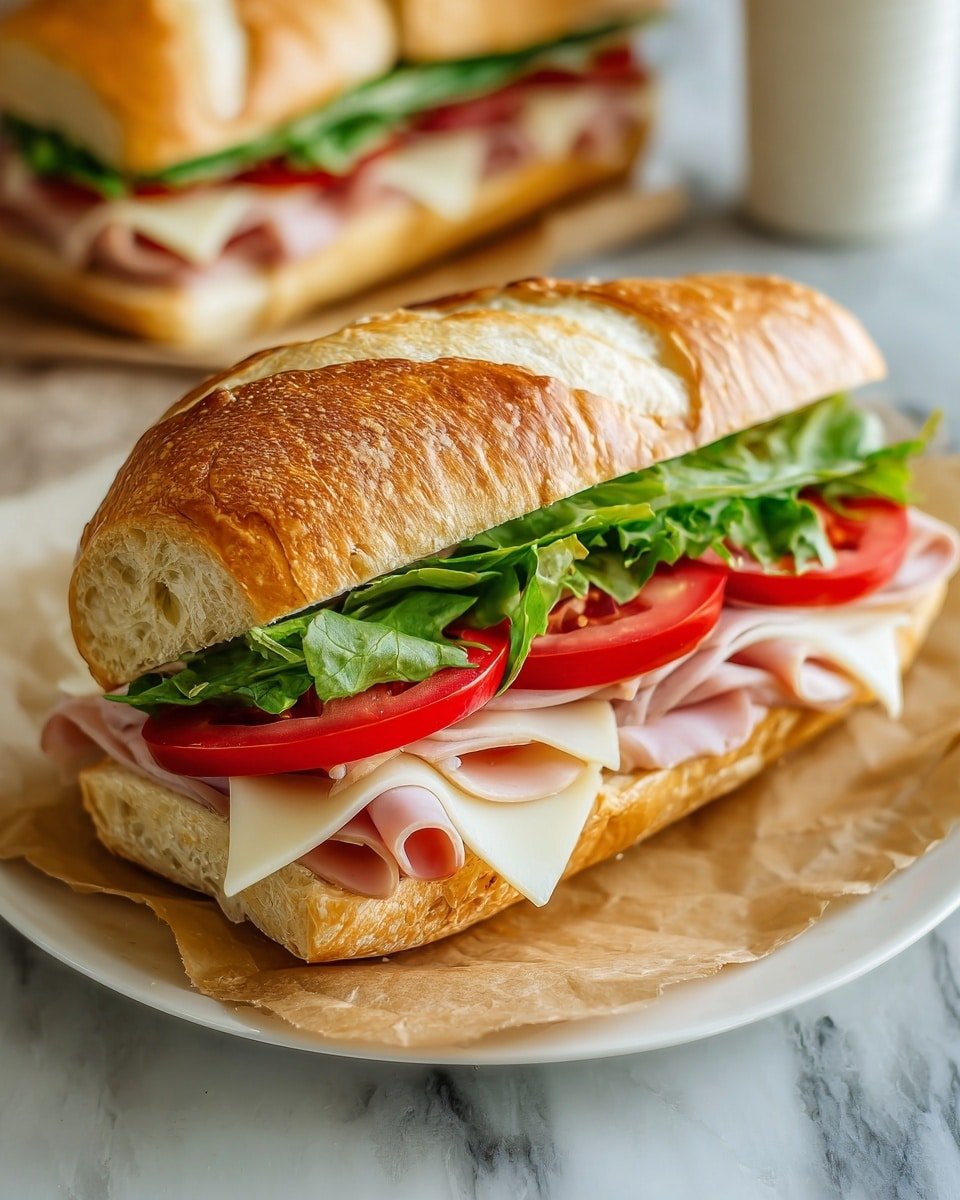A sandwich with three layers inside a soft, lightly browned roll that is cut in half. The bottom layer has thin slices of light pink deli meat with a smooth texture. Above that is a layer of melted white cheese. The next layer is fresh green leafy lettuce, with some red tomato slices just peeking through. The sandwich sits on white parchment paper placed on a white plate, all set on a white marbled surface. Two similar sandwiches are blurred in the background. photo taken with an iphone --ar 4:5 --v 7 — Homemade Sub Rolls, Soft Bread Rolls, Bakery-Style Sub Rolls, Fresh Sub Roll Recipe, Easy Homemade Bread