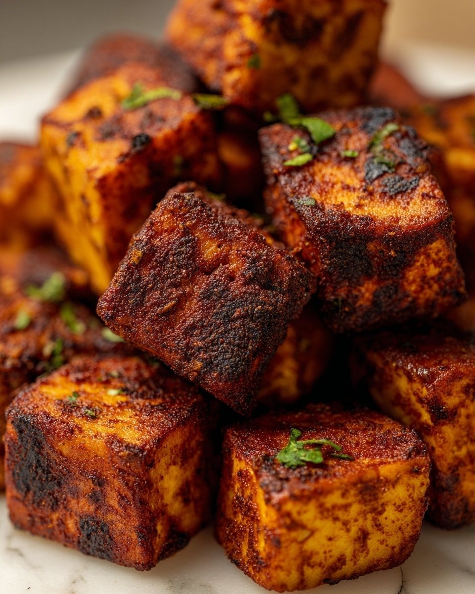 The image shows a close-up of many small, browned cubes of food stacked together on a white marbled surface. Each cube has a crispy, dark brown, slightly burnt outer layer with a textured, seasoned surface that looks spicy and crunchy. The cubes are irregular, but mostly square-shaped, with a golden to deep brown color gradient. Small green herb pieces are sprinkled lightly on some cubes, adding a touch of fresh color. The focus is tight, highlighting the texture and the charred, crispy crust of the food cubes. Photo taken with an iphone --ar 4:5 --v 7 — Easy Air Fryer Pork Chop Bites, crispy pork appetizer, quick pork snack, flavorful air fryer pork, beginner-friendly pork bites