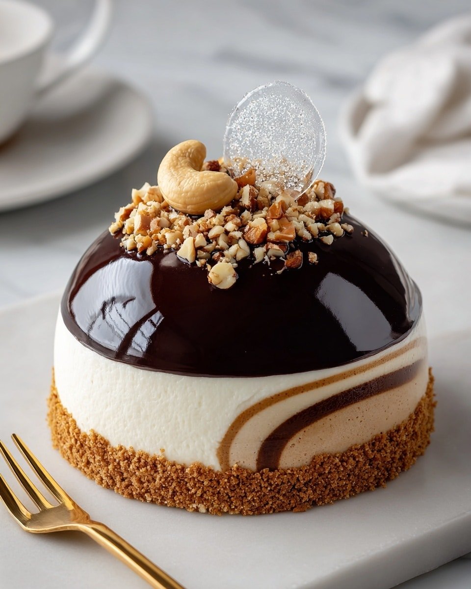 The image shows a dome-shaped dessert with four layers. The bottom layer is a crumbly, light brown crust. Above it is a thick, creamy white layer surrounding a swirled center of beige and chocolate brown cream. The entire dome is covered in a smooth, shiny dark chocolate glaze. On top, there is a topping of chopped nuts and a whole cashew nut, along with a decorative clear spun sugar piece. The dessert is placed on a white marbled surface, with a white plate visible in the background, and a gold fork lying in front of it. Photo taken with an iphone --ar 4:5 --v 7 — Sugar-Free Chocolate Mousse Cakes with Cookie Bottoms and Decorative Toppings, healthy chocolate mousse recipes, sugar-free dessert ideas, guilt-free chocolate cakes, elegant mini chocolate desserts