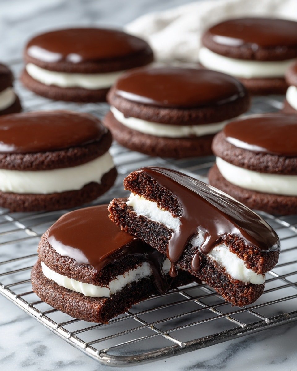 The image shows chocolate sandwich cookies with three clear layers: a soft chocolate cookie base that is dark brown and textured, a middle layer of smooth white cream filling, and a shiny dark chocolate glaze on top that looks glossy and slightly thick. One cookie is stacked on another, and the top cookie has a bite taken out of it, revealing the layers inside. The cookies rest on a metal cooling rack with the background replaced by a white marbled texture. photo taken with an iphone --ar 4:5 --v 7 — Marshmallow Hot Cocoa Surprise Cookies, chocolate marshmallow cookies, cozy hot cocoa desserts, easy marshmallow cookies, gooey marshmallow cookies
