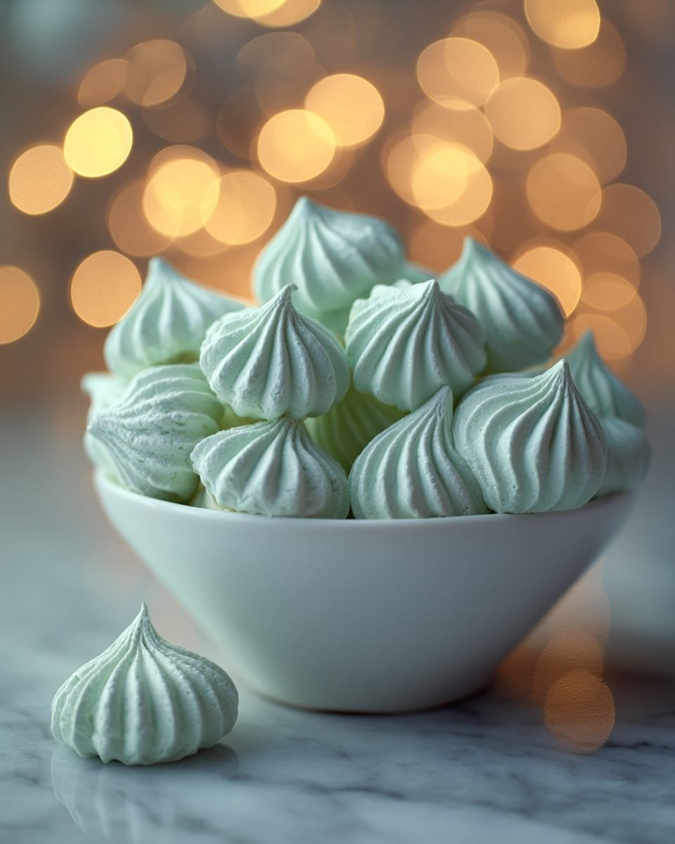 A white bowl filled with a pile of small, light green meringue cookies shaped like shells with ridges and swirled tops, each having a soft matte texture. The bowl sits on a white marbled surface, and the background is softly blurred with warm, round bokeh lights creating a cozy feel. photo taken with an iphone --ar 4:5 --v 7 — Delightful Piped Cream Cheese Mints, creamy peppermint candies, easy mint treats for celebrations, homemade mint candies, elegant dessert bites