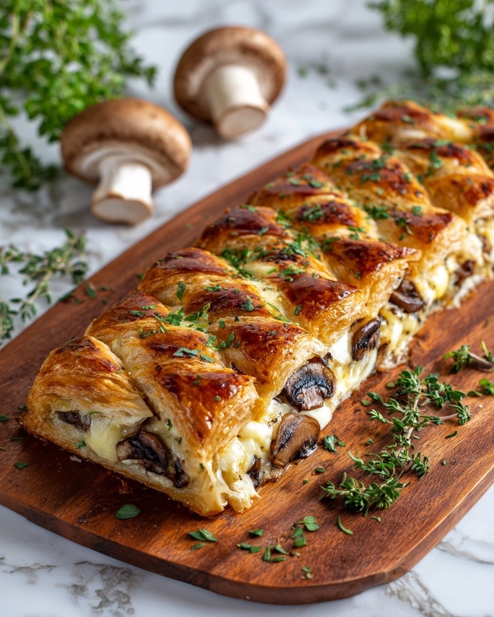 The image shows a golden brown baked pastry with 10 visible diagonal layers on top, each layer puffed and flaky with a shiny, slightly crisp texture. The pastry is filled with creamy melted cheese mixed with cooked sliced mushrooms that are dark brown with a tender texture, visible from the front cross-section. The top is sprinkled with fresh green herb leaves, adding color contrast. The pastry rests on a wooden board with a few sprigs of green herbs around, and in the blurred background, there are two whole mushrooms and green plants. The scene is set on a white marbled surface photo taken with an iphone --ar 4:5 --v 7 — Savory Mushroom and Gruyère Puff Pastry Braid, savory puff pastry recipes, mushroom and cheese appetizer, elegant puff pastry ideas, easy savory brunch dishes