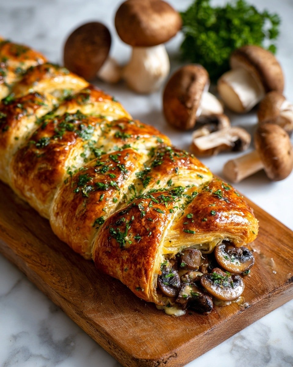 Savory Mushroom and Gruyère Puff Pastry Braid Recipe - Recipe Image — Savory Mushroom and Gruyère Puff Pastry Braid, savory puff pastry recipes, mushroom and cheese appetizer, elegant puff pastry ideas, easy savory brunch dishes