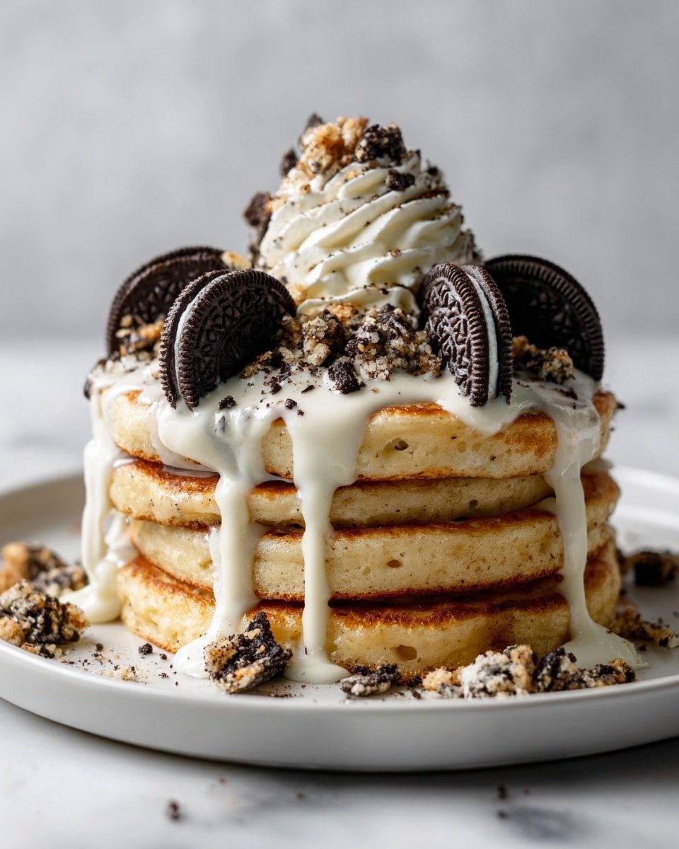 A stack of four thick, golden-brown pancakes sit on a white plate on a white marbled surface. The pancakes are covered with creamy white sauce that drips down the sides and pools slightly at the base. Dark chocolate syrup is drizzled over the top, contrasting with the white sauce. Two whole chocolate sandwich cookies rest on the top pancake, surrounded by a sprinkle of crushed cookie crumbs that are scattered over the sauce and plate. The textures show the soft, fluffy pancakes under the smooth sauce and crunchy cookie bits. photo taken with an iphone --ar 4:5 --v 7 — Oreo Pancakes with Cream Cheese Drizzle, Oreo Pancakes, fluffy Oreo pancakes, breakfast with Oreo cookies, easy Oreo pancake recipe