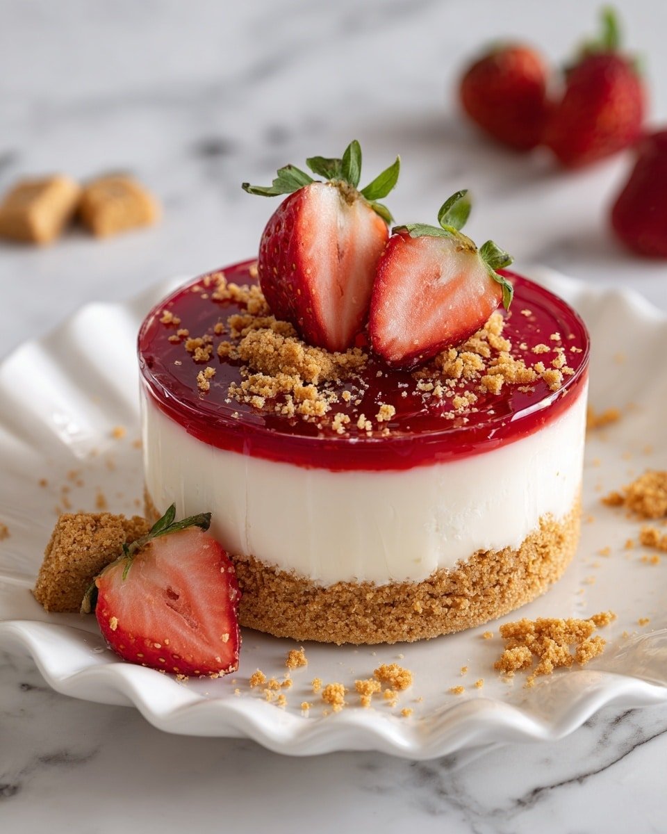 Easy Strawberry Crunch Mini Cheesecake Recipe - Recipe Image — Easy Strawberry Crunch Mini Cheesecake, mini cheesecake recipes, strawberry dessert recipes, no-bake cheesecakes, fruity creamy cheesecakes