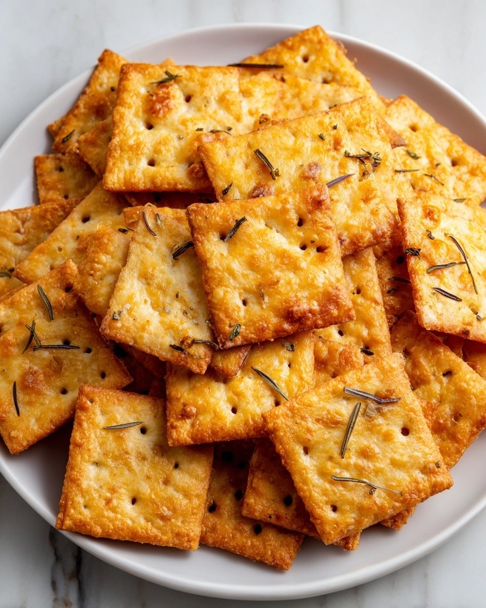 The image shows a pile of rectangular crackers on a white plate. Each cracker is golden brown with a slightly crispy and uneven texture. They have small holes evenly spaced on their surface, and some are topped with melted, light golden cheese and thin, dark herb pieces scattered on top. The edges of the crackers are slightly raised and irregular. The background is a white marbled surface. Photo taken with an iphone --ar 4:5 --v 7 — Homemade Cheese Crackers, cheesy snack, homemade crackers, easy cheese crackers, savory snack recipes