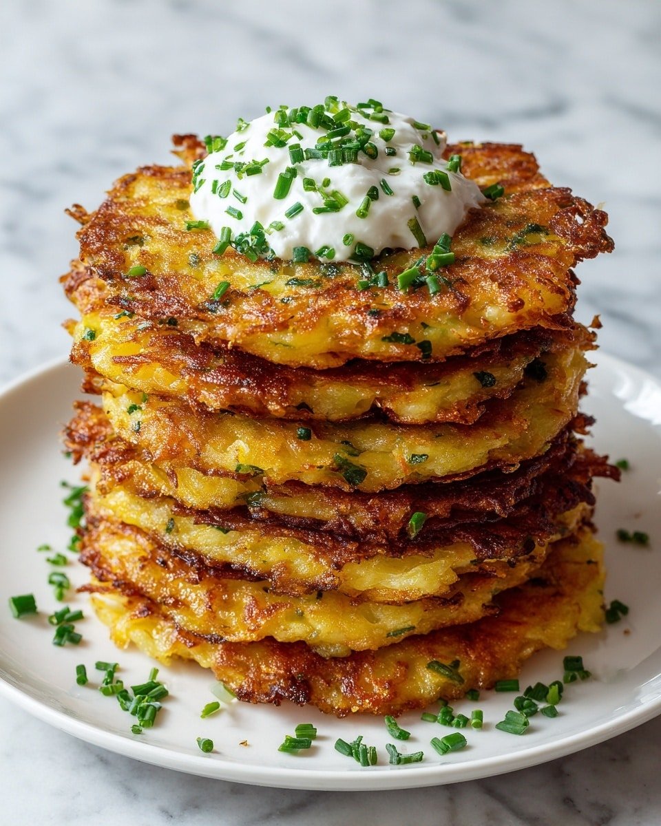 A stack of seven golden-brown crispy potato pancakes with rough, crunchy edges sits on a white plate. Each pancake shows a slightly uneven, textured surface with spots of darker frying marks and a few translucent areas. The top pancake is topped with a dollop of white sour cream sprinkled with bright green chopped chives. Small bits of green herbs are scattered over the pancakes and plate. The background features a white marbled surface and the photo is taken with an iphone --ar 4:5 --v 7 — Amish Onion Fritters, Onion Fritters Recipe, Amish side dishes, easy onion fritters, comfort food recipes