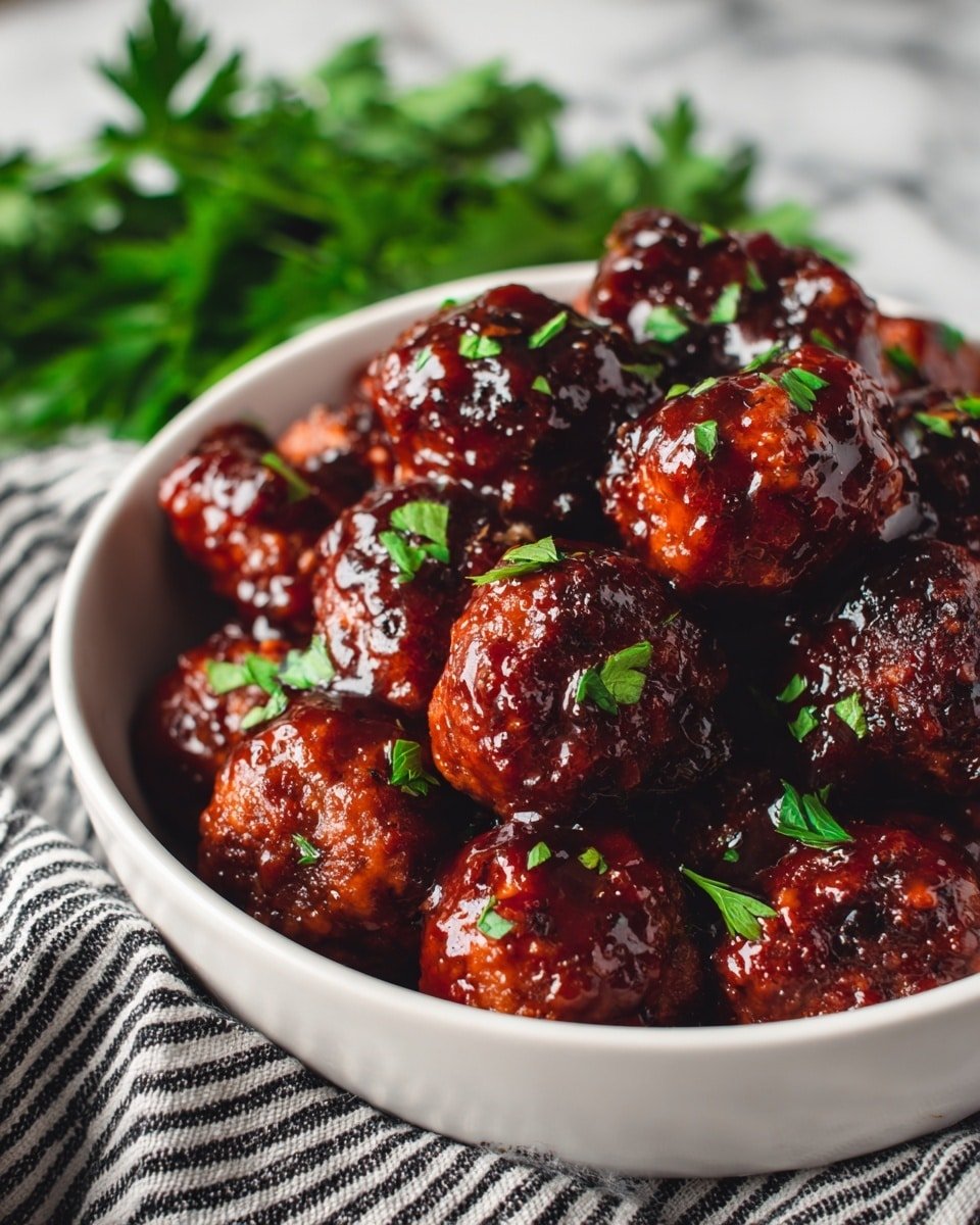 A white bowl filled with many small meatballs covered in shiny dark reddish-brown sauce, some meatballs showing a slightly rough texture under the sauce, sprinkled with small pieces of green herbs on top, sitting on a black and white striped cloth, with green leafy parsley blurred in the white marbled background. Photo taken with an iphone --ar 4:5 --v 7 — Cranberry Meatballs, Cranberry Meatballs Slow Cooker, Easy Cranberry Meatballs, Savory Cranberry Meatballs, Festive Meatball Appetizer