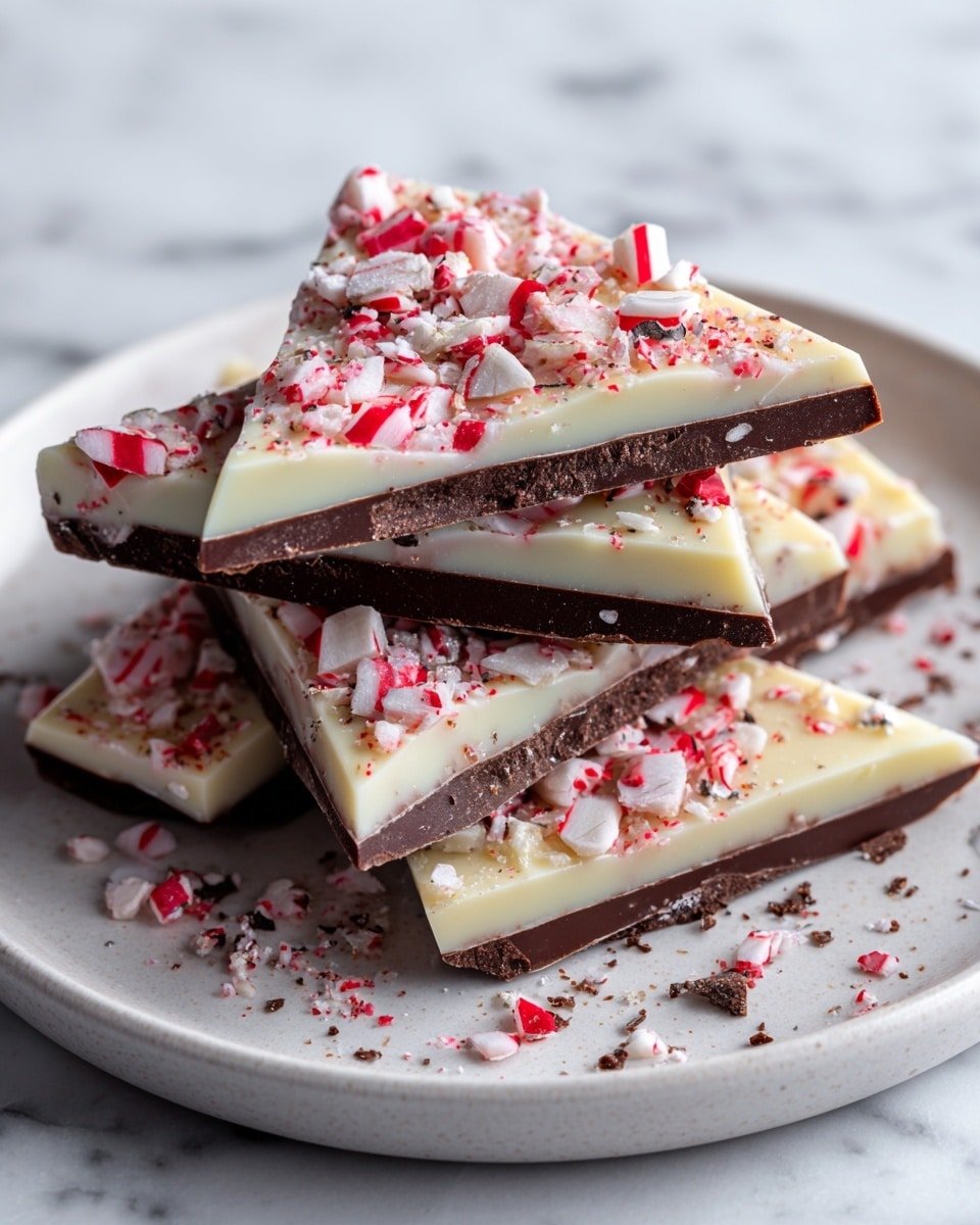 Several square pieces of peppermint bark lie on a round white plate on a white marbled surface. Each piece has two layers: a thick bottom layer of smooth dark brown chocolate, topped with a thick white chocolate layer scattered with crunchy red and white broken peppermint candy pieces. Small peppermint shards are scattered around the plate edges. The close-up view shows the textures and colors vividly. Photo taken with an iphone --ar 4:5 --v 7 — Peppermint Bark Chocolate, peppermint bark holiday treats, easy peppermint bark recipe, festive peppermint bark, homemade peppermint bark