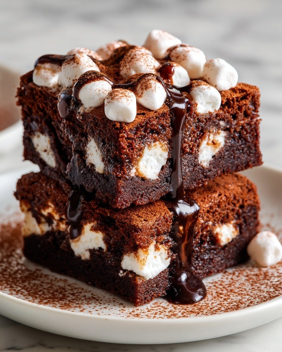 A close-up of two stacked square brownies on a white plate, each brownie rich dark brown with white mini marshmallows embedded inside, topped with a layer of melted chocolate and scattered small white marshmallows lightly dusted with cocoa powder. Dark chocolate sauce is drizzled over the top and slightly dripping down the sides, all set on a white marbled surface photo taken with an iphone --ar 4:5 --v 7 — Hot Chocolate Fudge, hot chocolate fudge recipe, decadent fudge, chocolate fudge dessert, easy fudge recipes