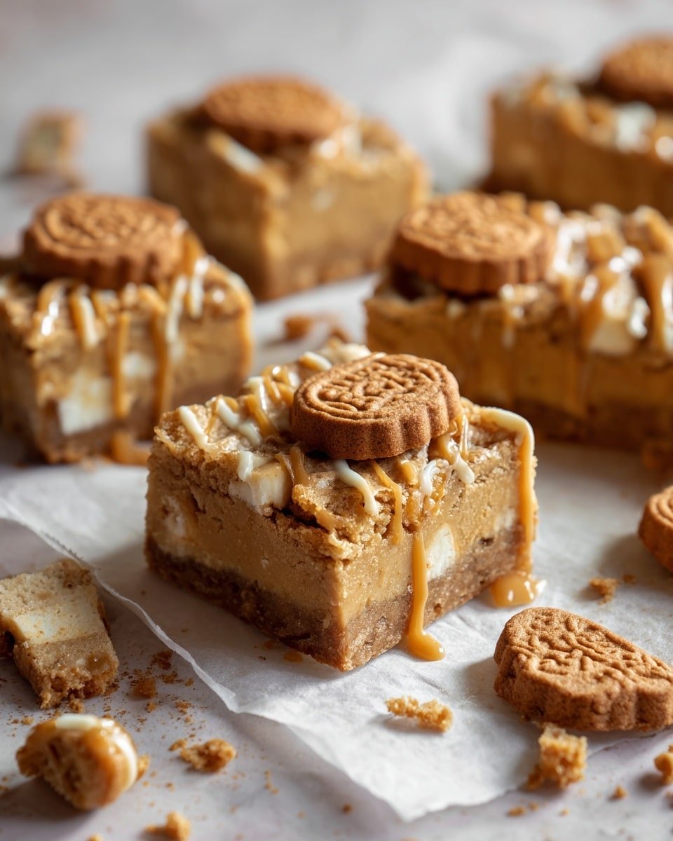 A close-up view of a square slice of light brown blondie with a crumbly texture and embedded white chocolate chips throughout. The top layer is decorated with whole rectangular Lotus biscuits, evenly spaced, each with the "Lotus" brand visible. A few white chocolate chips are scattered on top between the biscuits. The blondie sits on a white marbled surface with some crumbs and extra Lotus biscuits around it. The light highlights the soft, dense texture of the blondie and the crunchy biscuits on top. Photo taken with an iphone --ar 4:5 --v 7 — Lotus Biscoff White Chocolate Blondies, Biscoff Blondies recipe, white chocolate blondies with Biscoff, caramelized cookie butter bars, baked blondie dessert